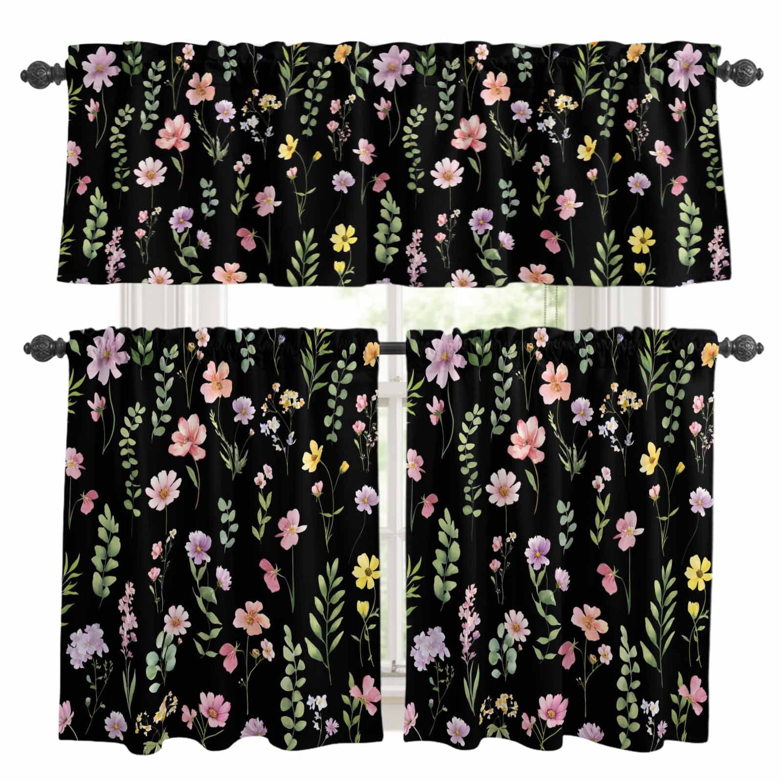 3 Piece Spring Summer Flower Kitchen Curtain Valance and Tiers Set ...