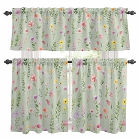 3 Piece Spring Summer Flower Kitchen Curtain Valance and Tiers Set Eucalyptus Leaves Countryside Green Rod Pocket Tier Curtain 24 Inch Small Window Drapes for Living Room Bedroom Cafe Home Decor