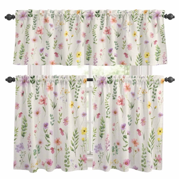 3 Piece Spring Summer Flower Kitchen Curtain Valance and Tiers Set Eucalyptus Leaves Countryside Linen Rod Pocket Tier Curtain 24 Inch Small Window Drapes for Living Room Bedroom Cafe Home Decor