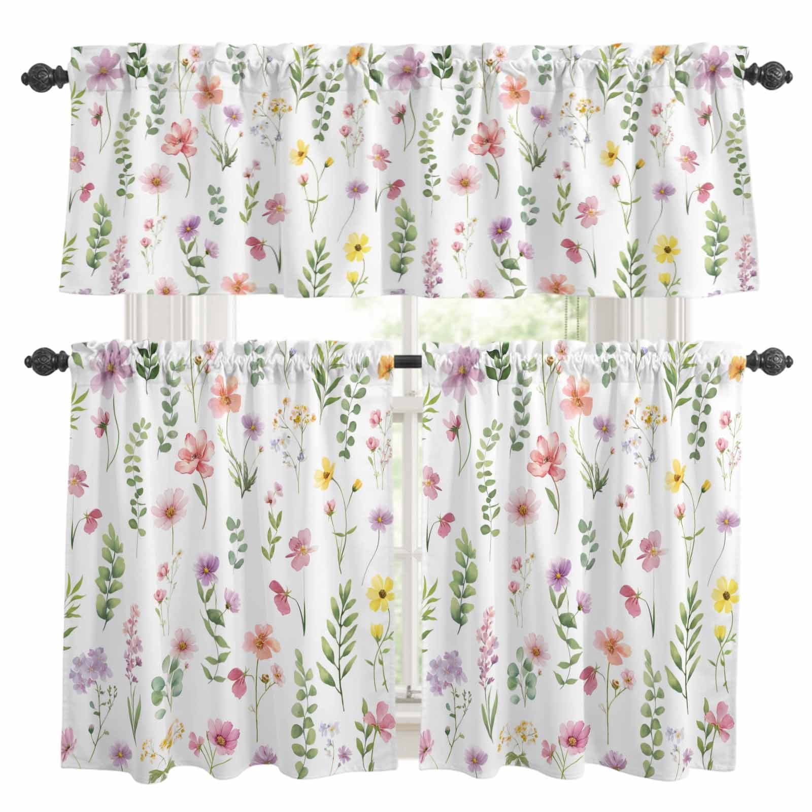 3 Piece Spring Summer Flower Kitchen Curtain Valance and Tiers Set ...