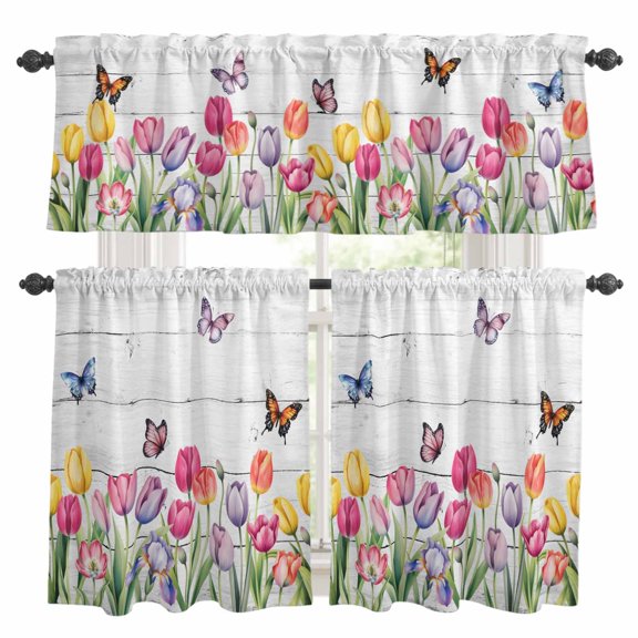 3 Piece Spring Tulips Kitchen Curtain Valance and Tiers Set Watercolor Colorful Floral Leaf Butterfly Wood Grain Rod Pocket Tier Curtain 36 Inch Small Window Drapes for Living Room Bedroom Cafe Decor