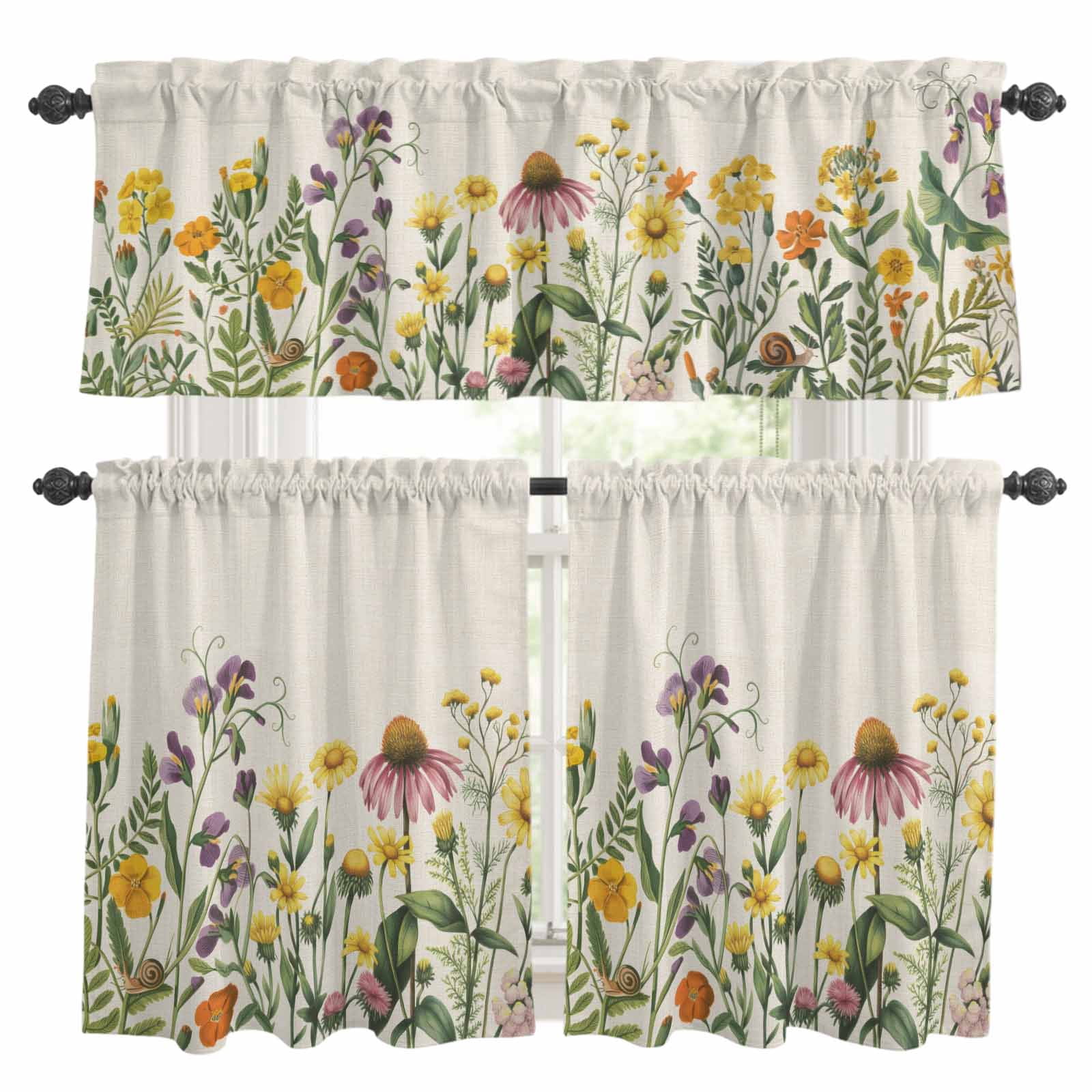 3 Piece Spring Wildflowers Kitchen Curtain Valance and Tiers Set Summer ...