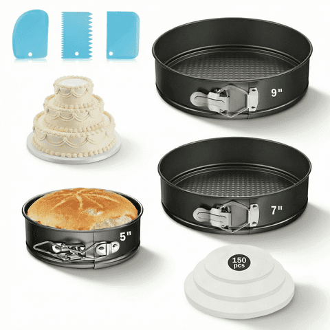 3-Piece Springform Cake Pan Set with Bonus Tools - 5"/7"/9" Round Nonstick Bakeware for Cheesecake, Layer Cakes & Quiche, Includes Parchment Liners & Spatulas