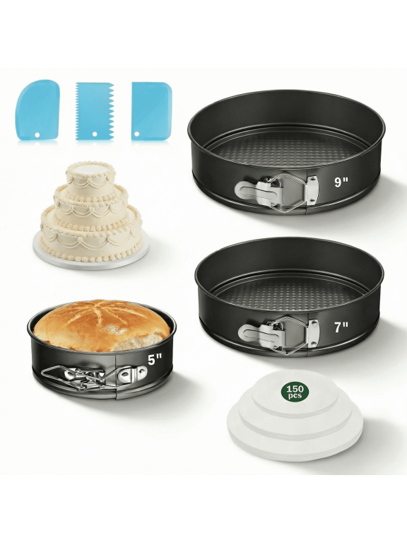 3-Piece Springform Cake Pan Set with Bonus Tools - 5"/7"/9" Round Nonstick Bakeware for Cheesecake, Layer Cakes & Quiche, Includes Parchment Liners & Spatulas