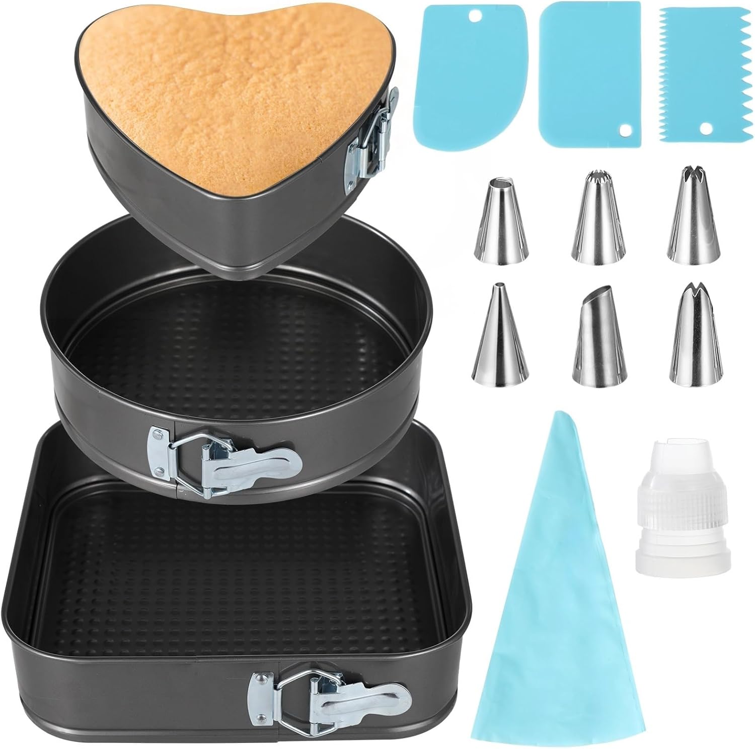 3-Piece Springform Cake Pan Set with Nozzles Scrapers and Piping Bag ...
