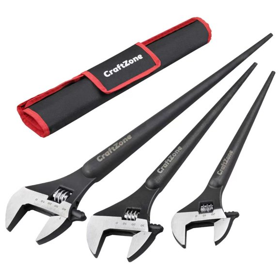 3-Piece Spud Wrench Set - Adjustable Construction Spud Wrench with 10, 12, 16 Inch - SAE and Metric Scale Marked Wrenches with Alignment Holes and Tail Crowbar Feature