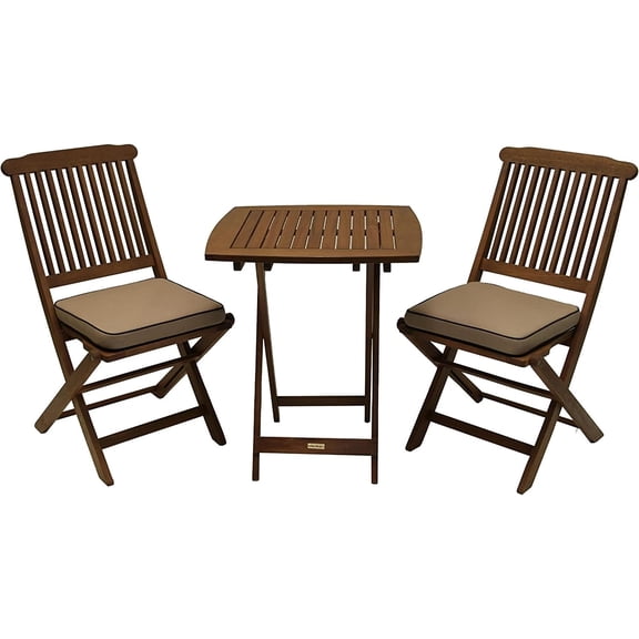3-Piece Square Foldable Bistro Outdoor Furniture Patio Set, Table and 2 Chairs with Cushions, Beige