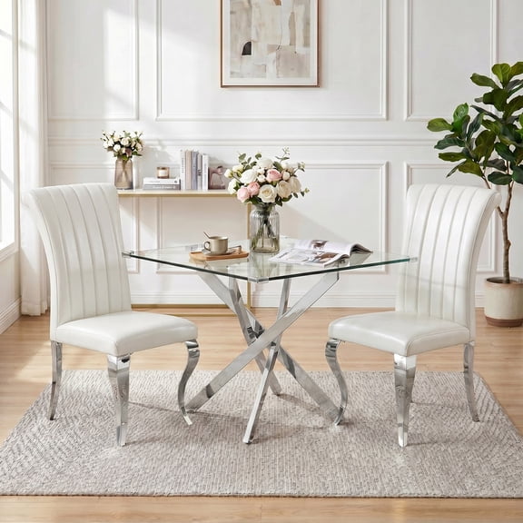 3-Piece Square Glass Dining Table Set, 36" Tempered Glass Table with 2 PU Leather Chairs, Modern Stainless Steel Frame, Space-Saving Design for Kitchen & Apartment