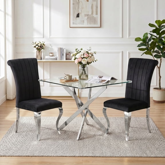 3-Piece Square Glass Dining Table Set, 36" Tempered Glass Table with 2 Velvet Dining Chairs, Modern Stainless Steel Frame, Space-Saving Design for Kitchen & Apartment