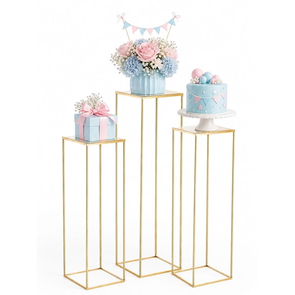 3-Piece Square Gold Metal Cylinder Pedestal Stands and Display Columns for Party and Wedding Decor