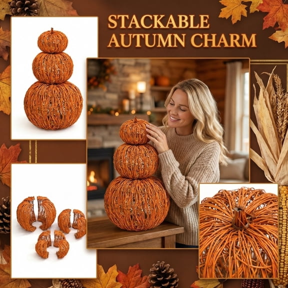 3-Piece Stackable Detachable Woven Pumpkin Decor, Handmade Rattan Pumpkins for Fall Harvest Halloween Thanksgiving Rustic Home Decor