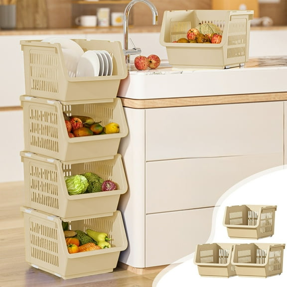3-Piece Stackable Kitchen Storage Baskets - Rolling ABS Multi-Purpose Draining Bins, Space-Saving Organizer for Pantry (Assorted Colors)