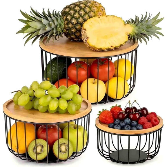 3-Piece Stackable Mesh Fruit Baskets with Bamboo Lid Space-Saving Kitchen Storage, Decorative Produce Holder, Countertop Organizer for Fresh Fruits & Vegetables
