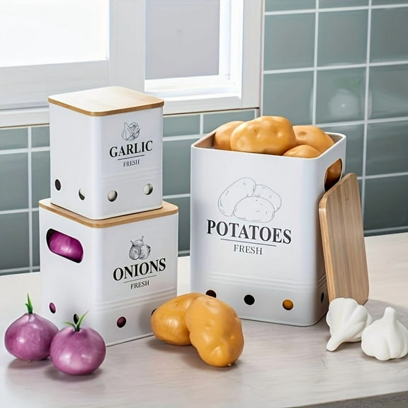 3-Piece Stackable Metal Storage Containers - Vegetable Keepers for Potatoes (8.8lb), Onions (4.4lb) & Garlic (10ct) - Modern White Kitchen Organizers, Reusable & Space-Saving