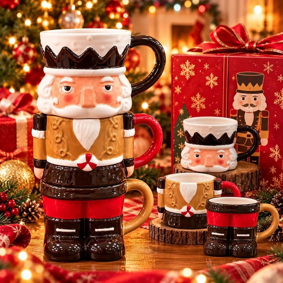 3-Piece Stackable Nutcracker Christmas Mug Set, Festive Coffee Cups & Novelty Holiday Gift