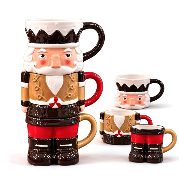 3-Piece Stackable Nutcracker Christmas Mug Set, Festive Coffee Cups & Novelty Holiday Gift