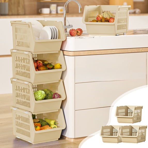 3-Piece Stackable Storage Basket Set with Wheels & Drainage, ABS Plastic Organizer for Kitchen, Toys & Laundry | Multicolor 3-Tier Shelf, Portable with Rollers Khaki