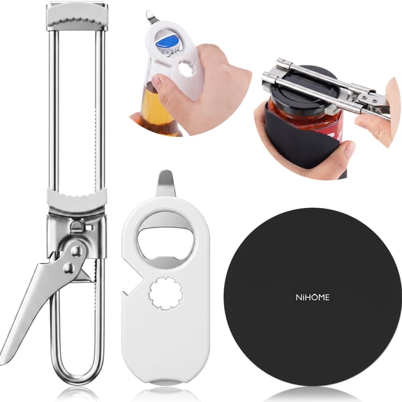 NiHome 3-in-1 Jar Opener Set, Stainless Steel Lid Opener with 6 Inch Silicone Gripper Pad and 5-in-1 Bottle Opener, Fits 0.75-4 Inch Lids, Pull Tab Can Opener, Beer Bottle Opener (Black, White)