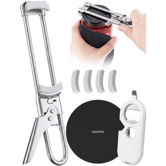NiHome 3-in-1 Jar Opener Set, Stainless Steel Lid Opener with 6 Inch Silicone Gripper Pad and 5-in-1 Bottle Opener, Fits 0.75-4 Inch Lids, Pull Tab Can Opener, Beer Bottle Opener (Black, White)
