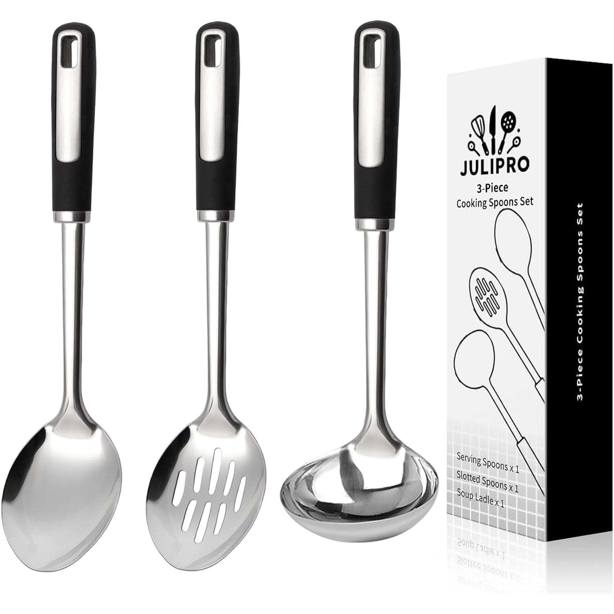 3-Piece Stainless Steel Serving Spoons Set – Includes Slotted Spoon, Serving Spoon & Soup Ladle, Heat-Resistant, Dishwasher Safe, Ergonomic Handles for Home & Commercial Use