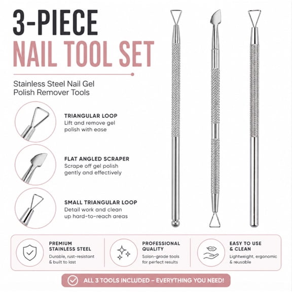 3 Piece Stainless Steel Cuticle Pusher and Nail Cleaner Set, Manicure and Pedicure Tools for Nail Grooming, TIKA