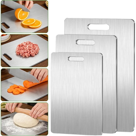 3-Piece Stainless Steel Cutting Board Set, Rust-Resistant Kitchen Prep Boards with Handles for Meat, Vegetables and Fruits, Easy to Clean and Stackable for Storage