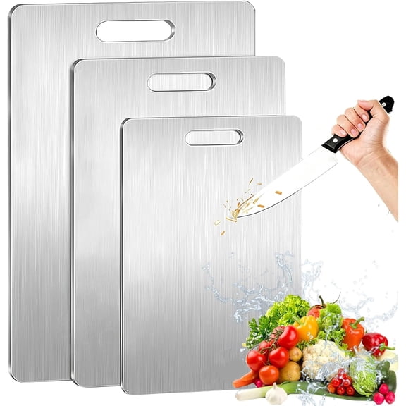 3-Piece Stainless Steel Cutting Board Set – S:9.5"x6", M:11.8"x7.8", L:13"x9" Double Sided Board Reversible Boards with Handle for Kitchen, Home & Outdoor Use (3Pcs)