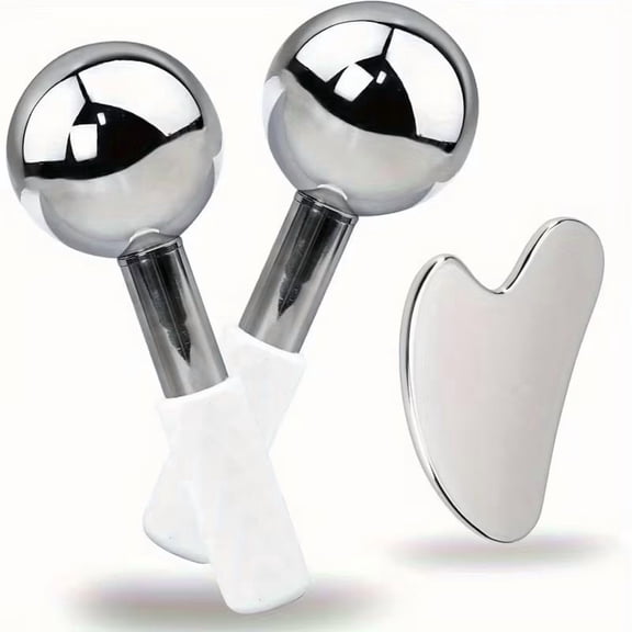 3-Piece Stainless Steel Facial Roller Set with Ice Balls & Gua Sha Tool