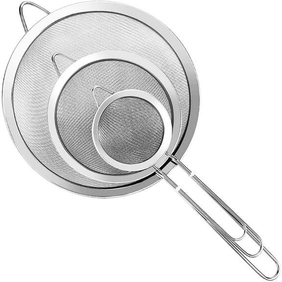 3-Piece Stainless Steel Fine Mesh Strainer Set with Handles, Available in Small, Medium and Large Sizes, Durable Super Fine Wire Mesh Sifters Ideal for Straining Rice, Juice, Quinoa, Flour and Other