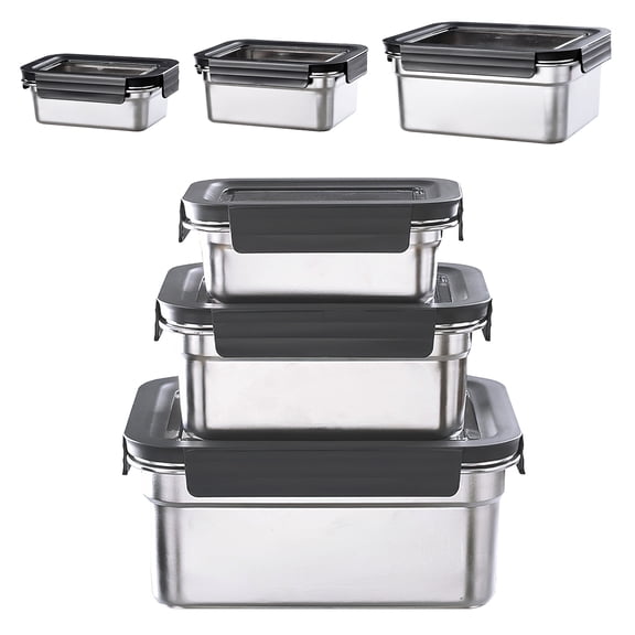 3-Piece Stainless Steel Food Storage Containers with Lids, 304 Metal Meal Prep Lunch Boxes Set, Airtight Leakproof, Stackable Nesting Design (84oz, 37oz, 15oz)