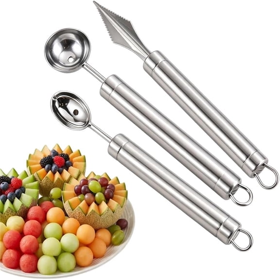 3-Piece Stainless Steel Fruit Carving Knife Set - Multi-Function Melon Baller V-Shape Cutter, Manual Fruit Carving Tool for Kitchen Vegetable & Fruit Decor