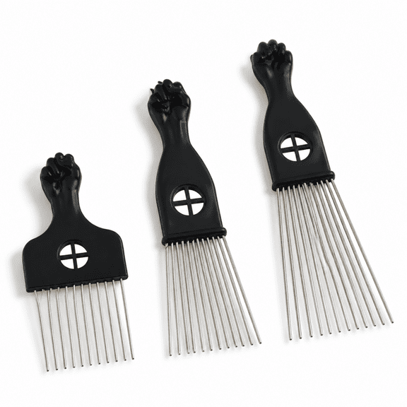 3-Piece Stainless Steel Hair Pick Set, Black Metal Afro Combs for Curly, Natural & Braided Hair