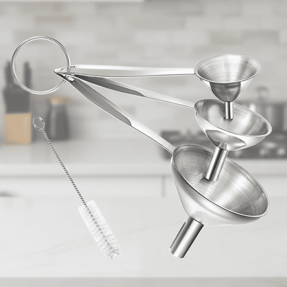 3-Piece Stainless Steel Kitchen Funnel Set with Long Handles, Mini Food Grade Metal Funnels for Transferring Oil, Liquids, and Filling Bottles, Easy to Clean with Included Brush