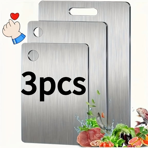 3-Piece Stainless Steel Kitchen Plate Set, Food Contact Safe Slicing Boards in Multiple Sizes for Fruits, Vegetables, Meat and Bread Preparation