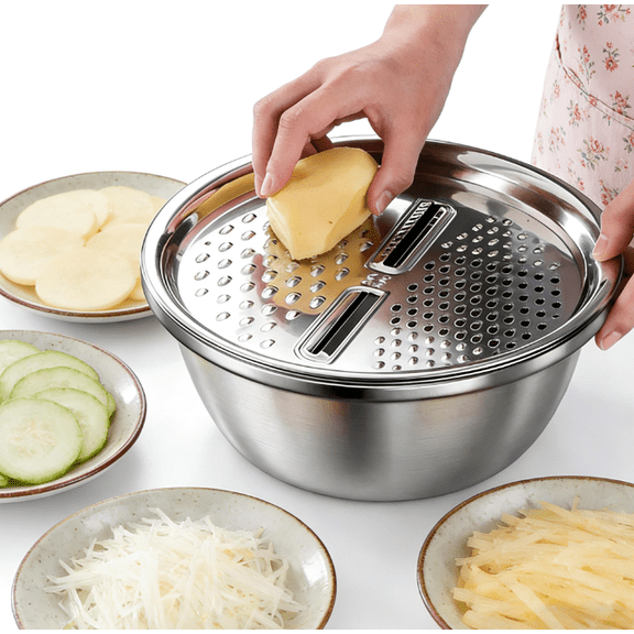 3 Piece Stainless Steel Kitchen Set with Integrated Grinder, Multifunctional Colander and Mixing Bowl Set, Vegetable Fruit Cheese Slicer and Drainer, Space Saving Kitchenware for Home Cooking