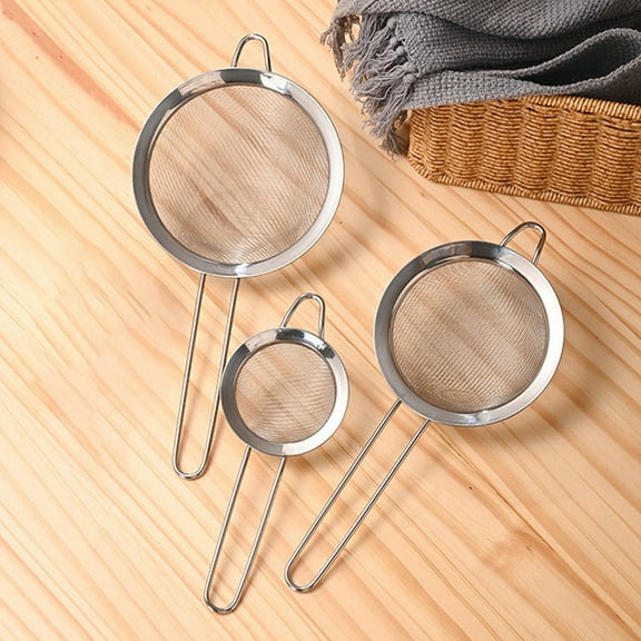 3-Piece Stainless Steel Mesh Strainer Spoon Set with Hanging Hooks – Fine Mesh Skimmer for Juice, Soy Milk, Flour Sifting – Dishwasher Safe Kitchen Tool (Large, Medium, Small)