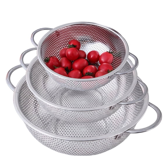 Colander Set of 3 Stainless Steel Micro Perforated 6.5 8.8 11.2 in with Dual Handles for Kitchen