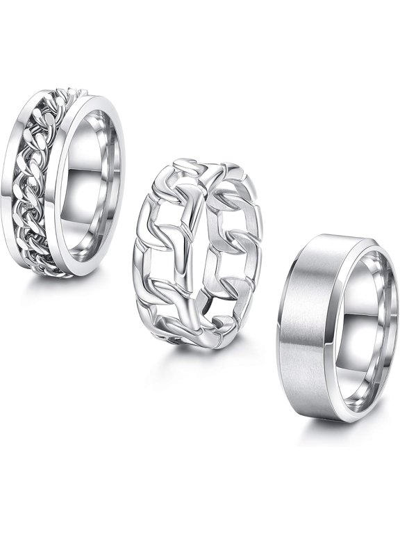 3-Piece Stainless Steel Rings Set for Men and Women, Plain Band, Cuban Link Chain, and Spinner Ring, Promise Wedding Rings Set, Sizes 6-14-a:silver-10