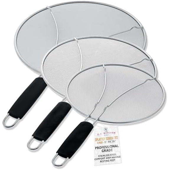 3-Piece Stainless Steel Splatter Guard Set (13", 11.5", 9.5") Fine Mesh Cover, Grease & Oil, Splatter Screen for Frying Pan, Cooking Pots, with Resting Feet & Comfort Grip Handles