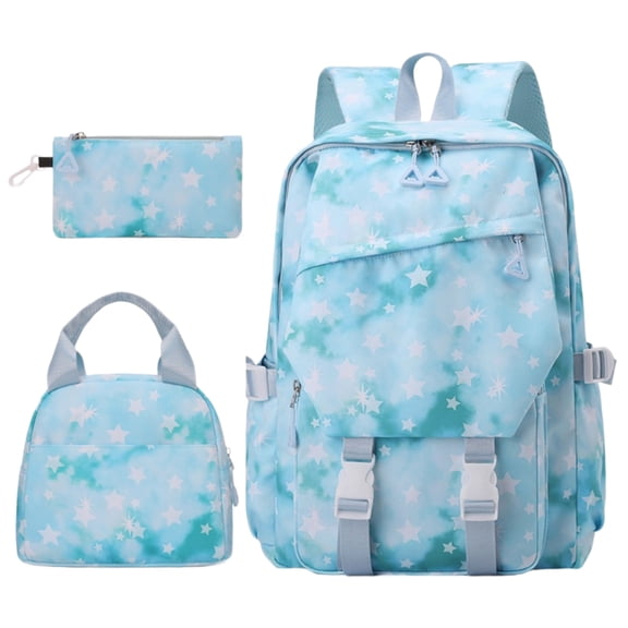 3-Piece Star Pattern Laptop Backpack Set, 32L Water Resistant Nylon Daypack with Lunch Bag & Pencil Case, Light Blue School Bag for College, Travel & Commute