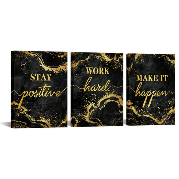 3 Piece Stay Positive Work Hard Make it Happen Black and Gold Poster Prints Wall Art Motivational Canvas Painting Framed Artwork for Living Room Office Bar Decoration