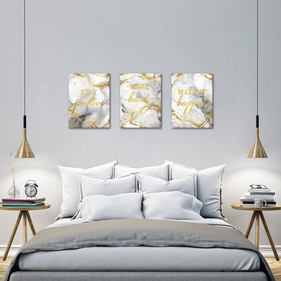 3 Piece Stay Positive, Work Hard, Make it Happen Gray and Gold Poster Prints Wall Art Motivational Canvas Painting Framed Artwork for Living Room Office Decoration