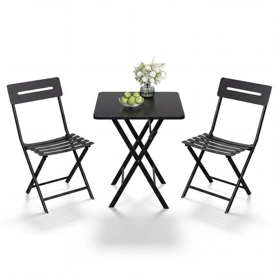 3-Piece Steel Folding Bistro Set, Outdoor Patio Table and 2 Chairs Set, Square Table with Weather-Resistant Design for Balcony, Garden, Yard & Indoor Use (Black)
