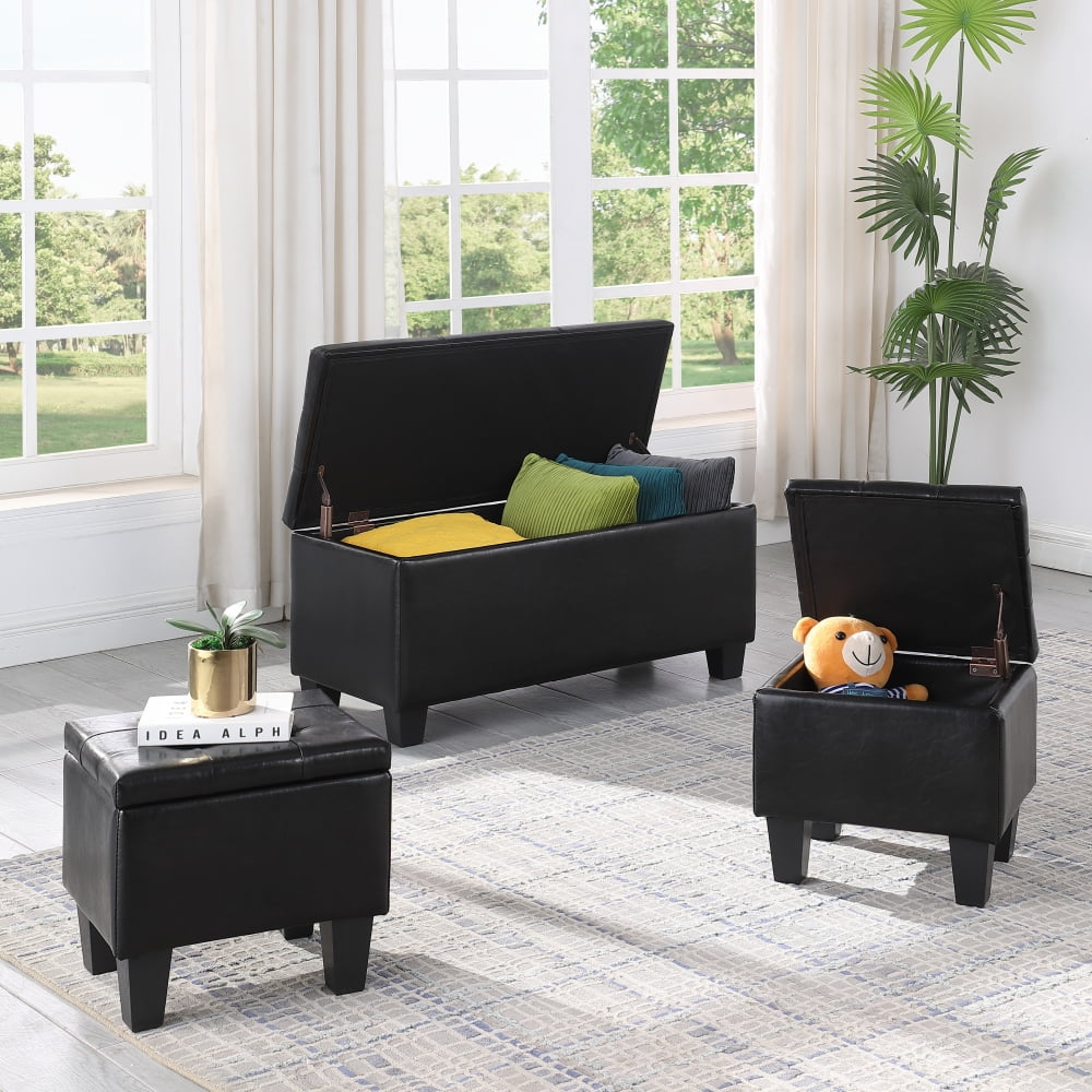 3 Piece Storage Ottoman Bench Set with 1 Large Bench and 2