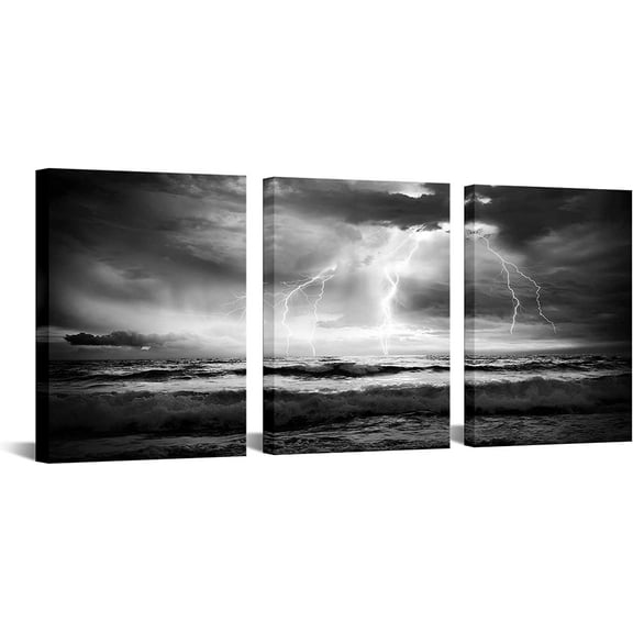 3 Piece Storm Sea Canvas Print Black White Ocean Lightning Wall Art Nautical Pictures Painting Nature Artwork Home Office Bathroom Bedroom Decor Stretched Ready to Hang