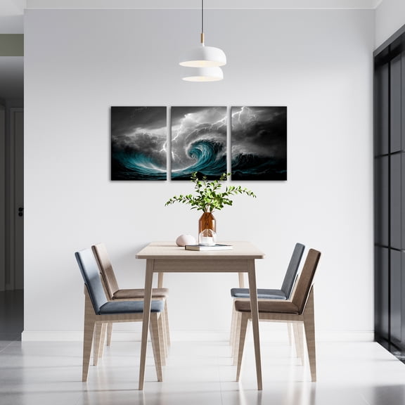 3 Piece Storm Sea Canvas Print Wall Art Ocean Wave Pictures Nature Lightning Paiting Prints Seascape Home Decor Stretched For Home Living Room Office Wall Decoration 12"x16"x3PCS