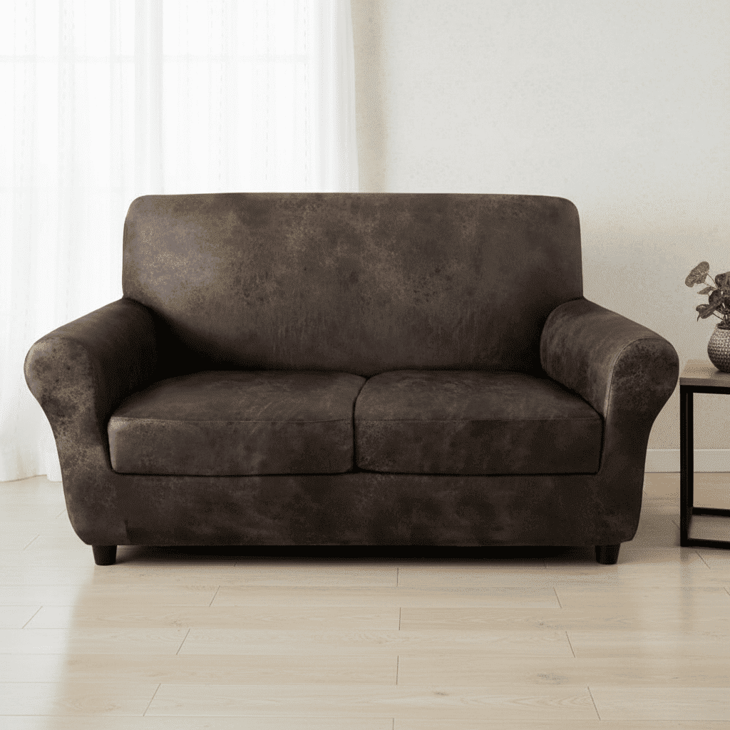 3-Piece Stretch Faux Leather Slipcover for 2-Cushion Loveseat, Heavy Duty Pet Proof Furniture Protector, Non-Slip Sofa Cover with Leather Look, Brown