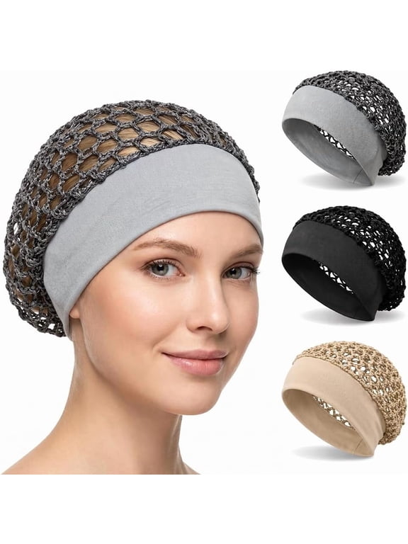 3-Piece Stretchy Wide-Edge Sleeping Cap Set, Women Mesh Crochet Hair Net Bonnet