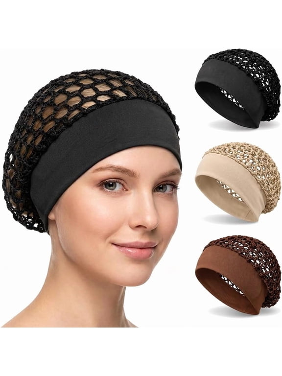 3-Piece Stretchy Wide-Edge Sleeping Cap Set, Women Mesh Crochet Hair Net Bonnet