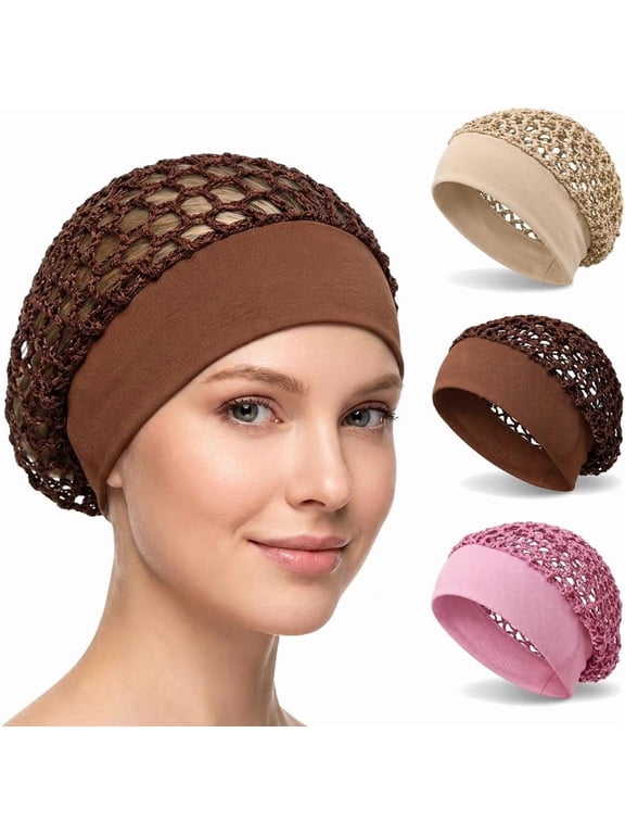3 Piece Stretchy Wide Edge Sleeping Cap, Women's Breathable Mesh Crochet Hair Net Bonnet, Soft Knit Band Sleep Caps for Hair Wrapping, Wig Wear and Nighttime Care